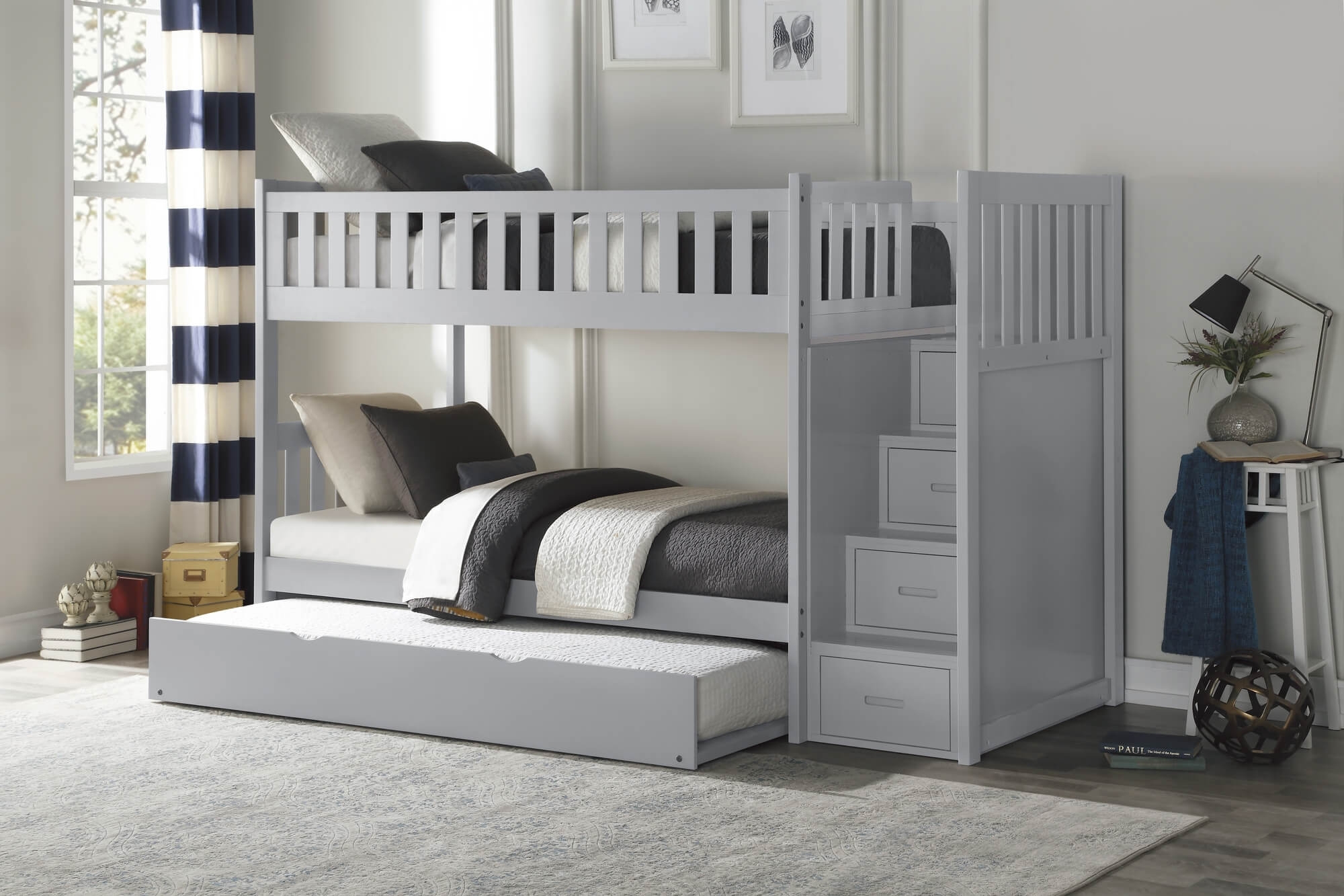 Orion Wood Bunk Bed w/ Twin Trundle & Reversible Step Storage, Twin/Twin Size