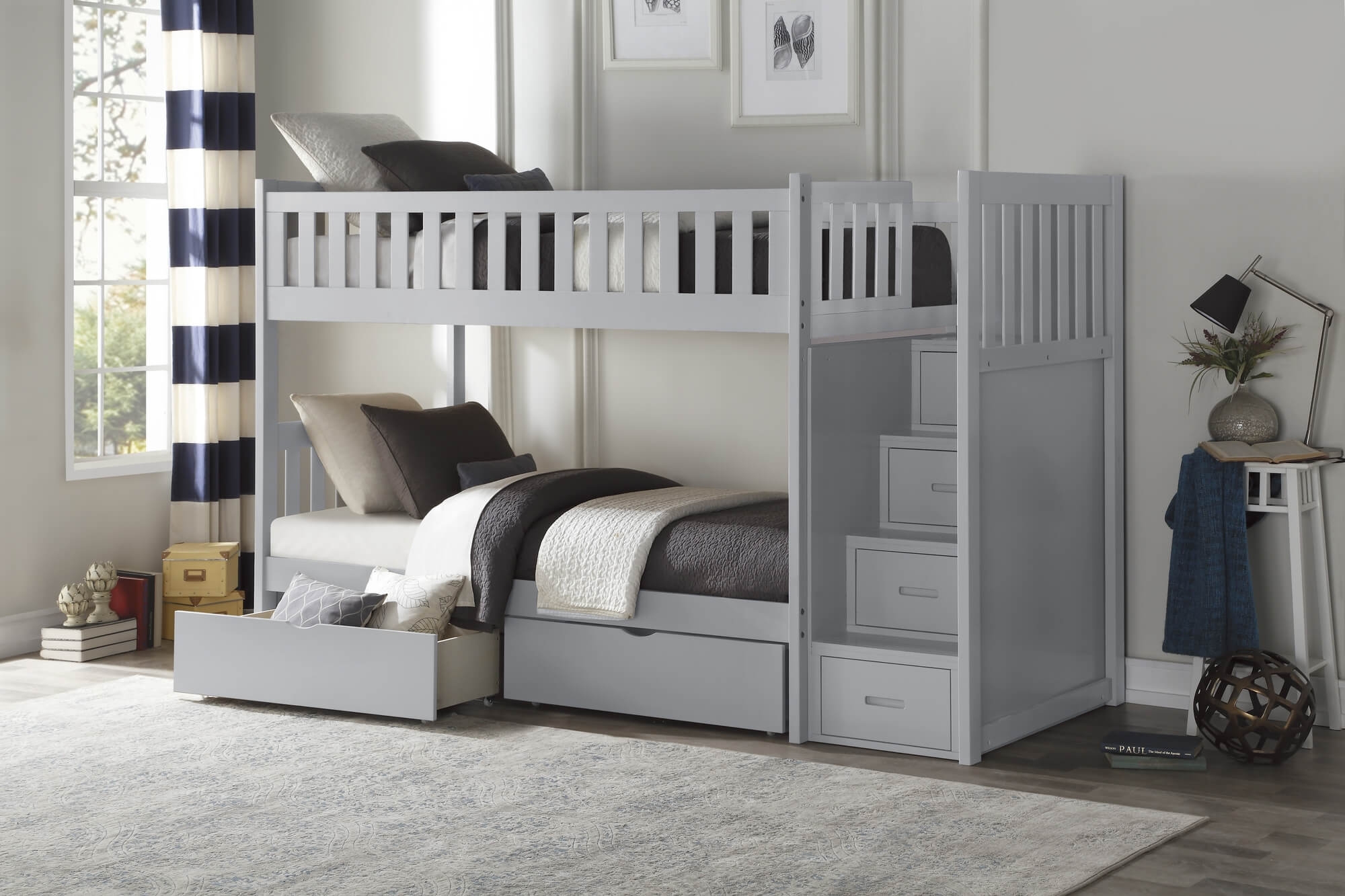 Orion Wood Bunk Bed w/ Storage Boxes & Reversible Step Storage, Twin/Twin Size
