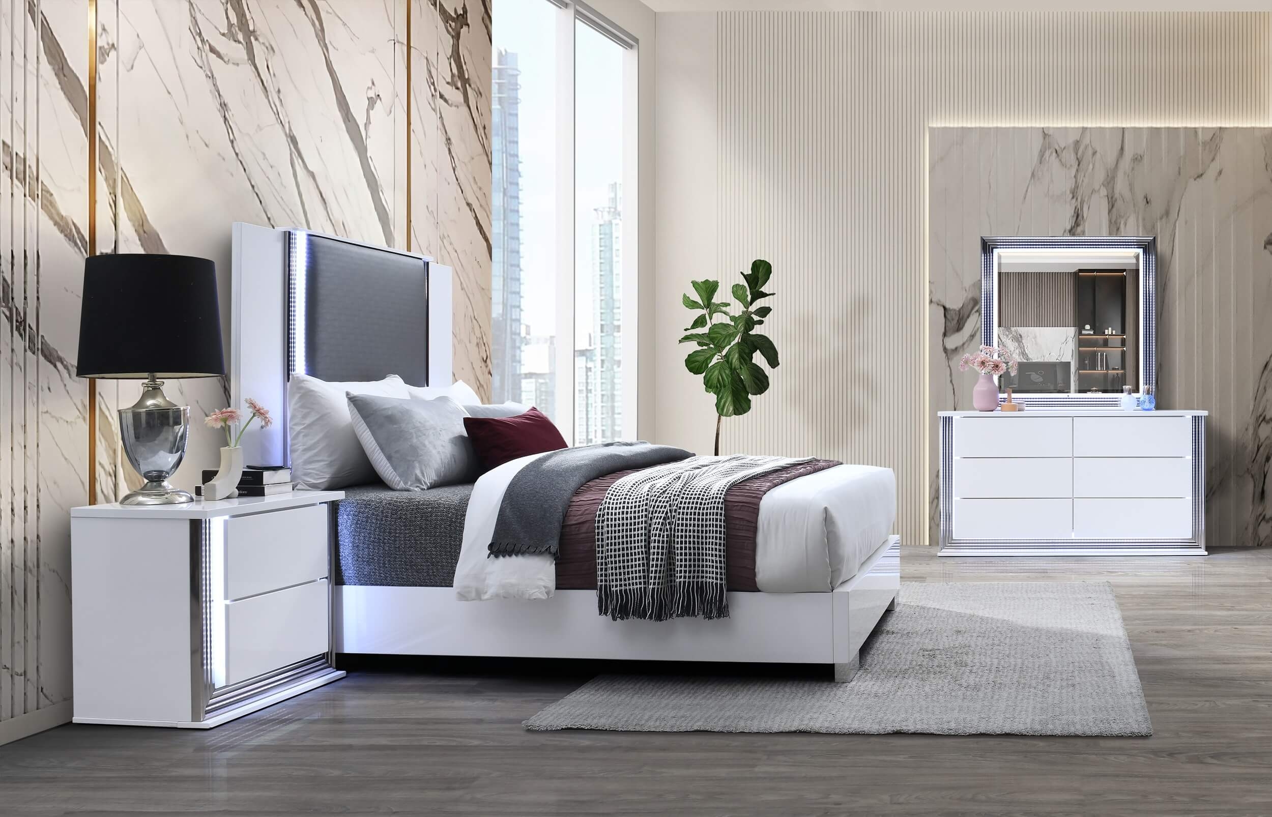Ylime MDF/Wood Platform Bedroom Set w/LED Lighting