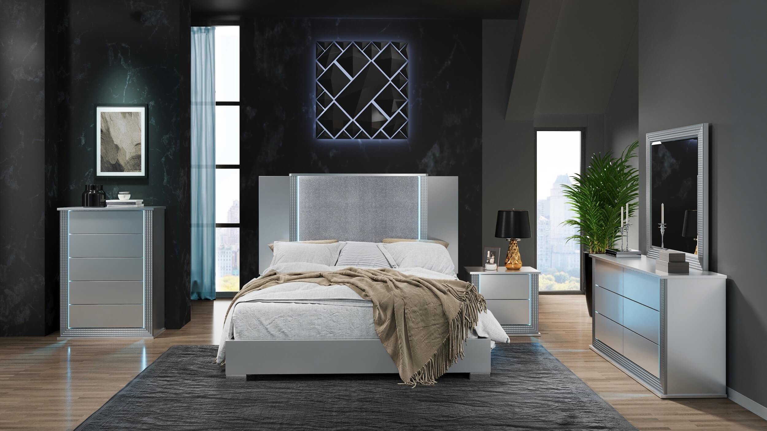 Ylime MDF/Wood Platform Bedroom Set w/LED Lighting