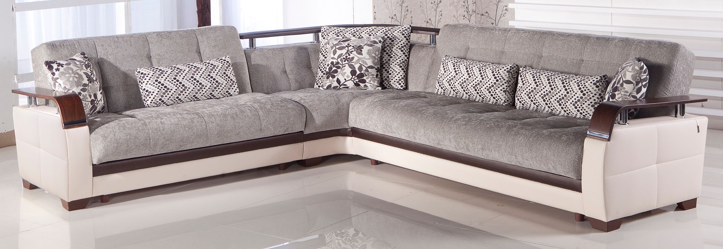 Natural Fabric/PU Storage Sleeper L-Shaped Sectional Sofa w/Wooden Armrests