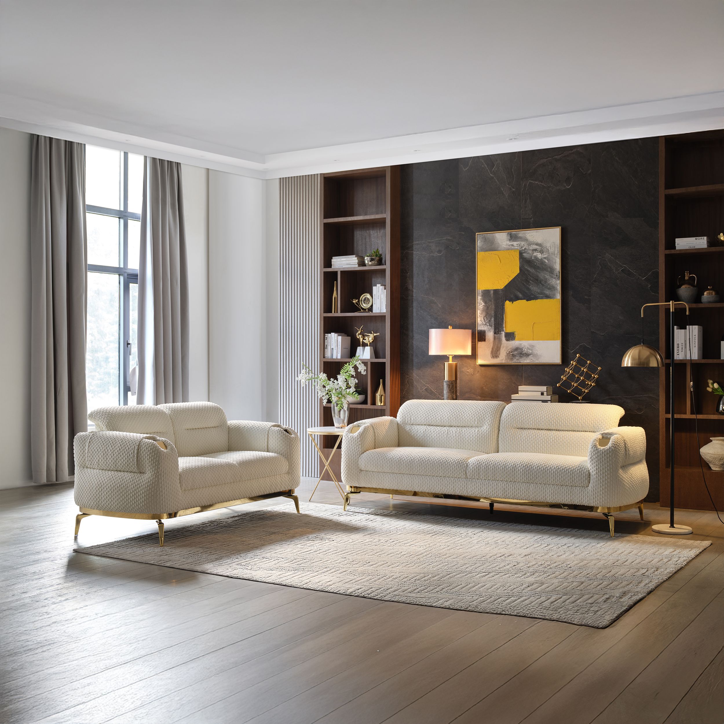 Galaxy Home Cream 2PC Sofa Set with Gold Legs