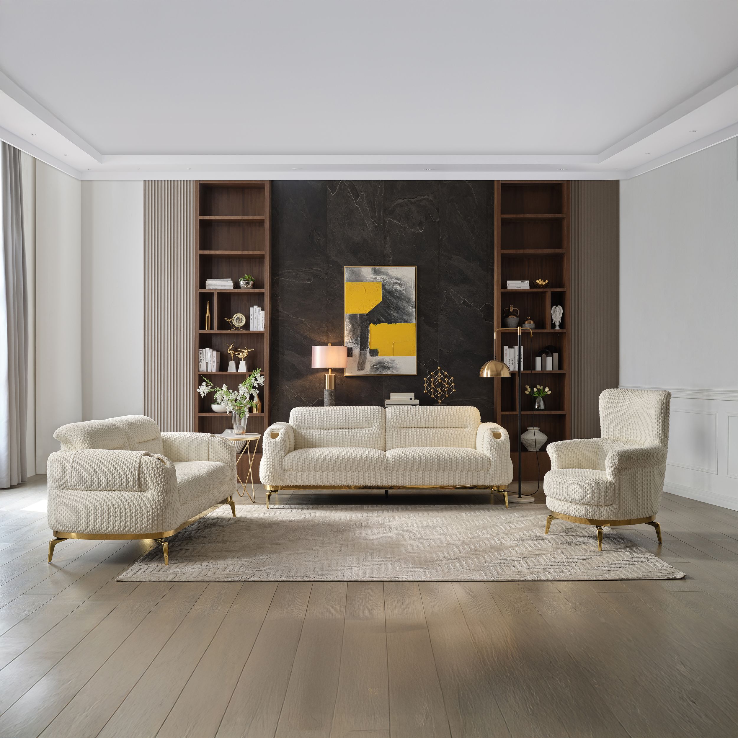 Galaxy Home Cream 2PC Sofa Set with Gold Legs
