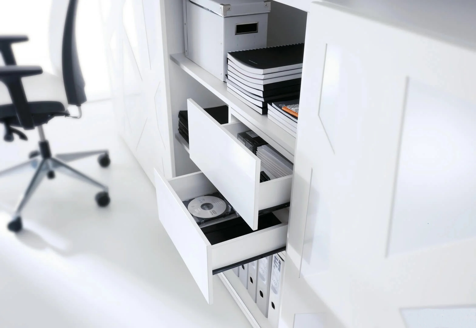Standard Office Managerial Cabinet w/2 Drawers, 3 Open Shelves & Zig-Zag HPL Sliding Door