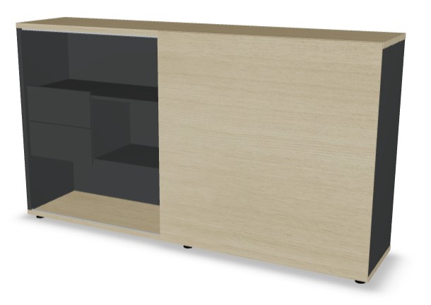 Standard Office Managerial Cabinet w/2 Drawers, 3 Open Shelves & MFC Sliding Door