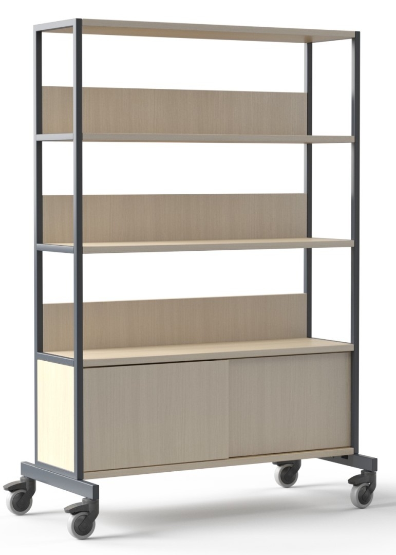 Worklab Mobile Shelving Unit w/2 Fixed Shelves, Cabinet & Semiopen Back