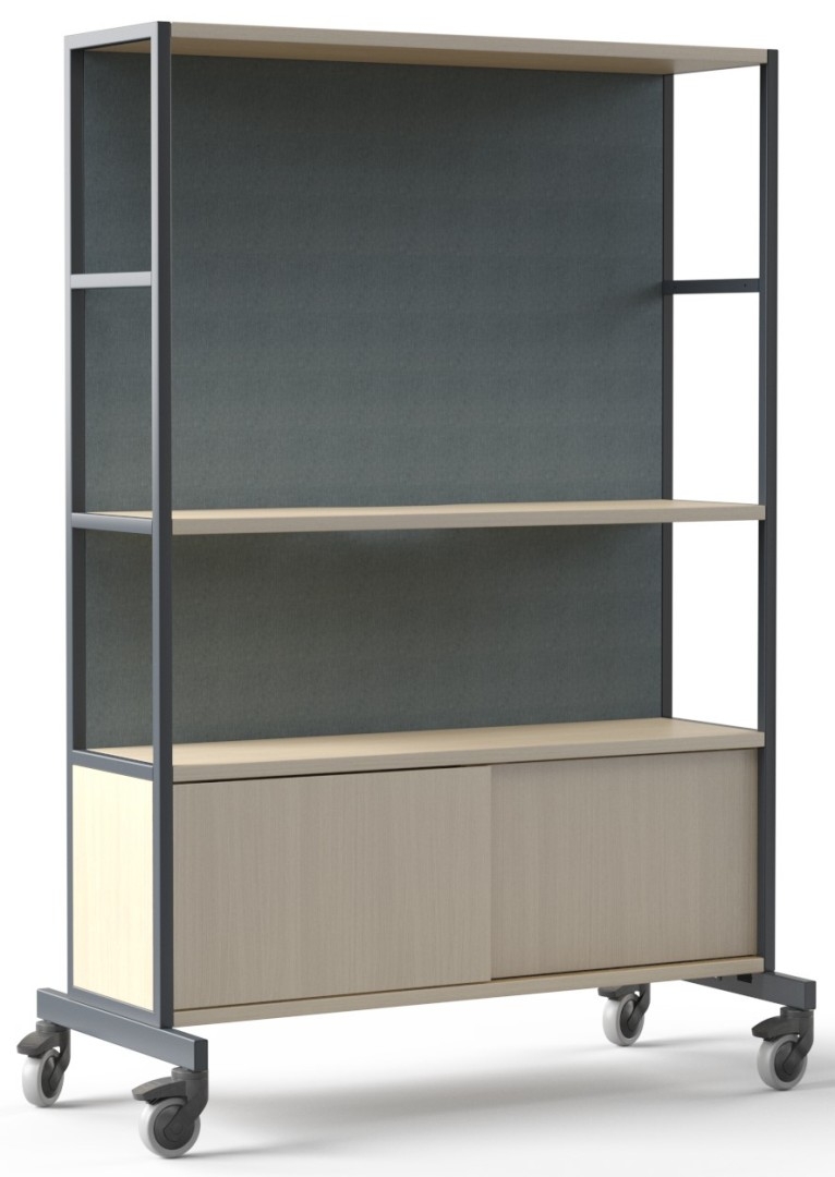 Worklab Mobile Media Wall w/Fixed Shelf, Cabinet & Back Panel
